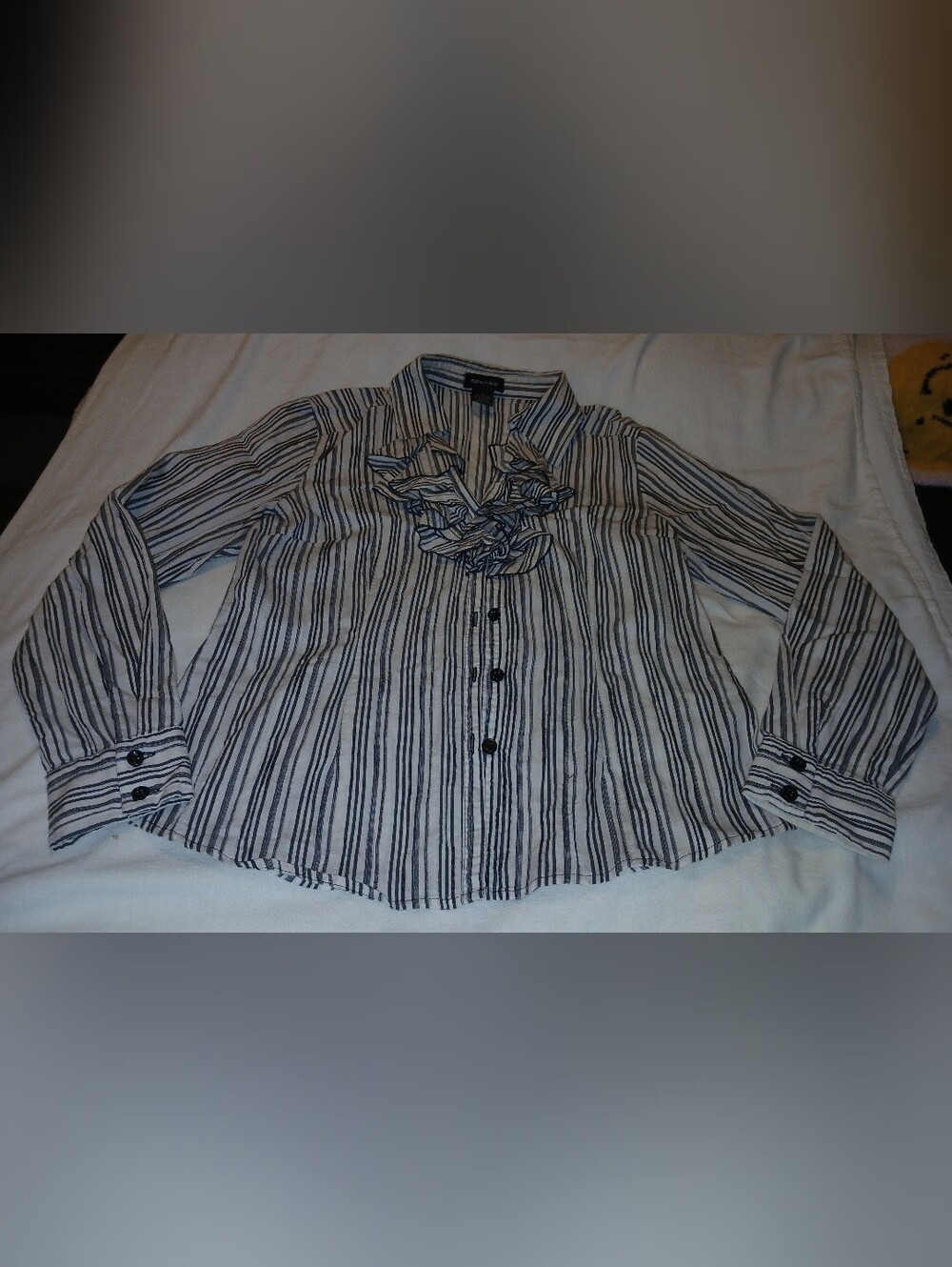 Pre-love Spense White Button-Up Shirt with Black Vertical Stripes & Ruffle Neck.
